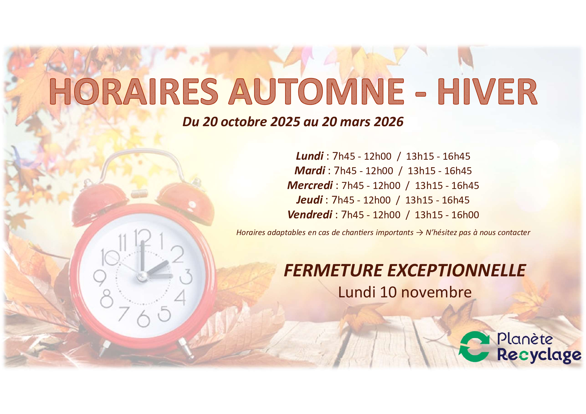 Horaires période hivernale 2025